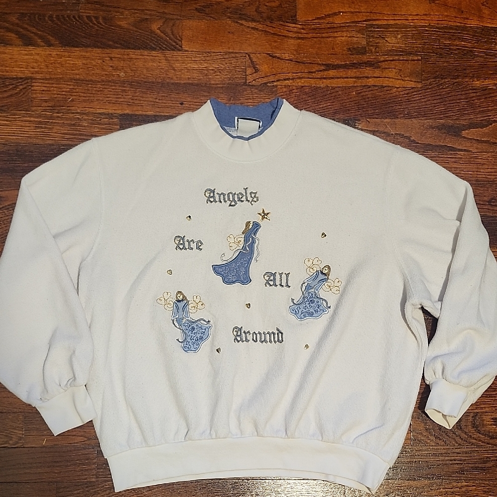 Bon Worth Womens Crew Neck Vintage White Sweatshirt Blue Angel Embroidered Large